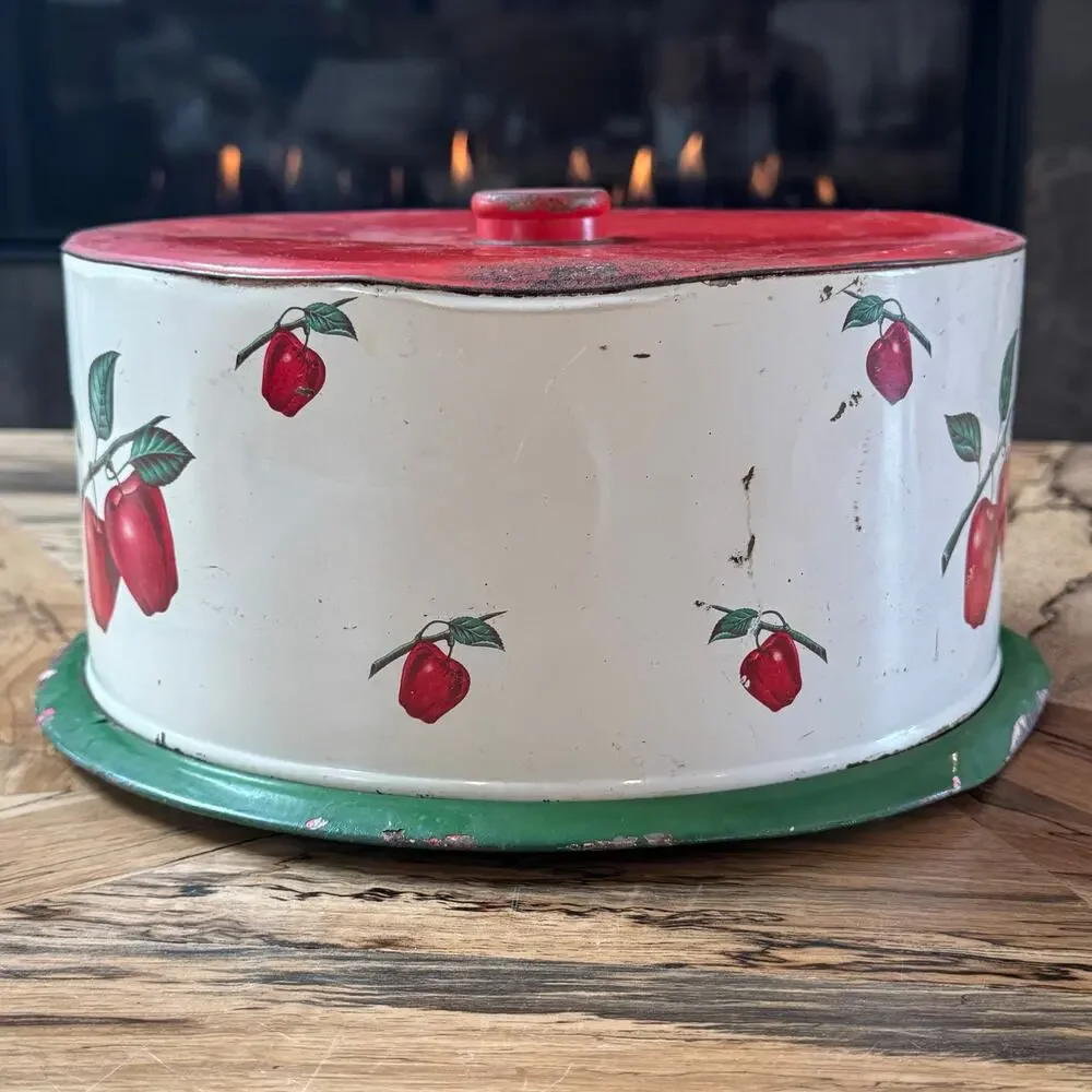 Vintage Decoware Tin Cake Carrier 1950s Metal Keeper Apple Litho Mid Century